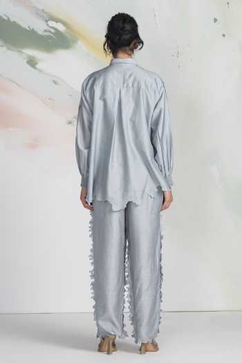Shop_Ilk_Grey Silk, Chanderi, Satin Embroidery Collared Moonfrost Shirt _at_Aza_Fashions