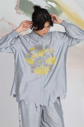Buy_Ilk_Grey Silk, Chanderi, Satin Embroidery Collared Moonfrost Shirt _at_Aza_Fashions