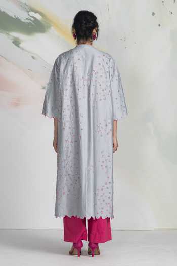 Shop_Ilk_Pink Silk, Chanderi, Satin Embroidery Mandarin Collar Scatter Ditsy Kurta _at_Aza_Fashions