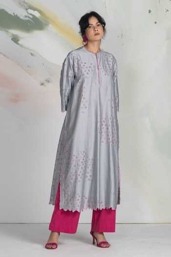 Ilk_Pink Silk, Chanderi, Satin Embroidery Mandarin Collar Scatter Ditsy Kurta _Online_at_Aza_Fashions