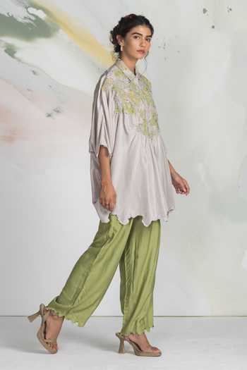 Ilk_Green Silk Embroidery Collared Batwing Lichen Shirt _Online_at_Aza_Fashions