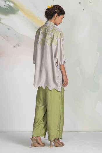 Buy_Ilk_Green Silk Embroidery Collared Batwing Lichen Shirt _Online_at_Aza_Fashions
