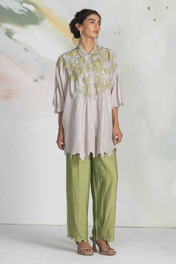 Shop_Ilk_Green Silk Embroidery Collared Batwing Lichen Shirt _Online_at_Aza_Fashions