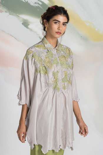 Ilk_Green Silk Embroidery Collared Batwing Lichen Shirt _at_Aza_Fashions