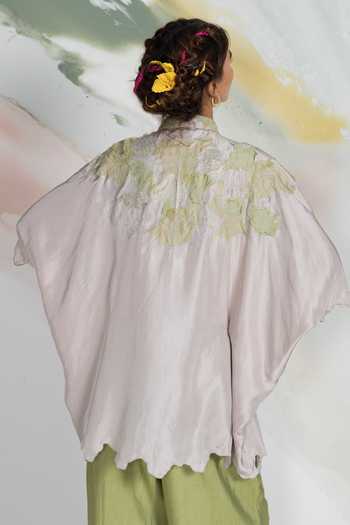 Shop_Ilk_Green Silk Embroidery Collared Batwing Lichen Shirt _at_Aza_Fashions