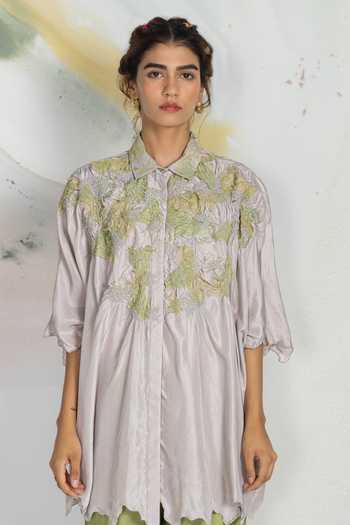 Buy_Ilk_Green Silk Embroidery Collared Batwing Lichen Shirt _at_Aza_Fashions