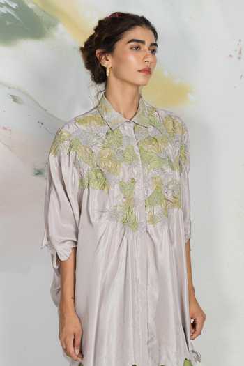 Buy_Ilk_Green Silk Embroidery Collared Batwing Lichen Shirt 