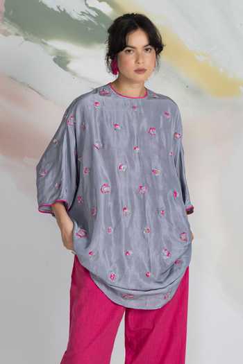 Buy_Ilk_Pink Silk Embroidery Round Neck Bloom Lichen Short Dress _at_Aza_Fashions