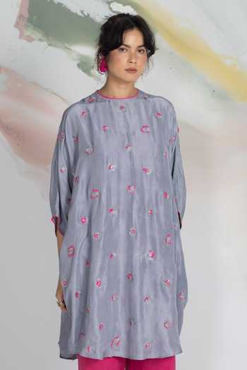 Ilk_Pink Silk Embroidery Round Neck Bloom Lichen Short Dress _Online_at_Aza_Fashions