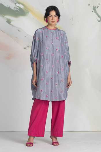 Shop_Ilk_Pink Silk Embroidery Round Neck Bloom Lichen Short Dress _at_Aza_Fashions