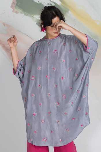 Buy_Ilk_Pink Silk Embroidery Round Neck Bloom Lichen Short Dress _Online_at_Aza_Fashions