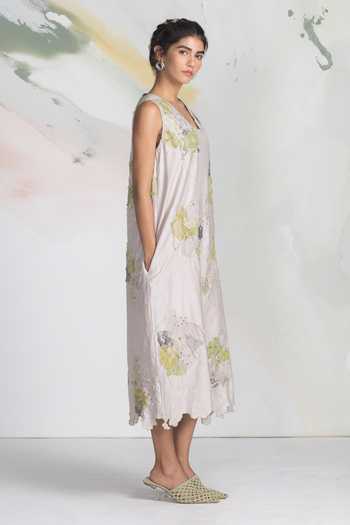 Ilk_Green Silk, Chanderi, Satin Embroidery Cloud Patchwork Midi Dress _Online_at_Aza_Fashions