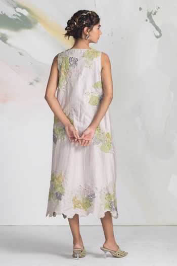 Shop_Ilk_Green Silk, Chanderi, Satin Embroidery Cloud Patchwork Midi Dress _at_Aza_Fashions
