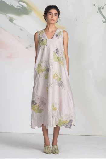 Buy_Ilk_Green Silk, Chanderi, Satin Embroidery Cloud Patchwork Midi Dress _at_Aza_Fashions