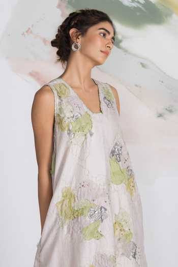Buy_Ilk_Green Silk, Chanderi, Satin Embroidery Cloud Patchwork Midi Dress _Online_at_Aza_Fashions