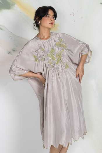 Ilk_Grey Silk Embroidery Keyhole Neck Terrain Kaftan Dress _Online_at_Aza_Fashions