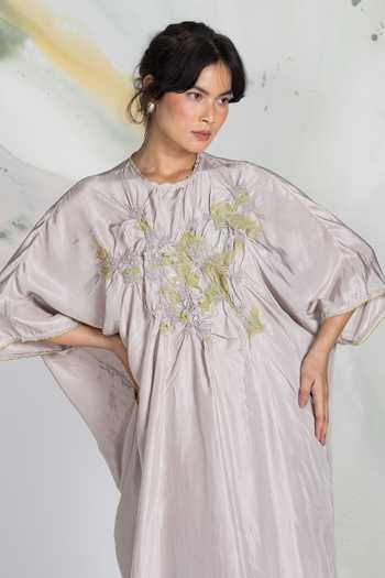 Shop_Ilk_Grey Silk Embroidery Keyhole Neck Terrain Kaftan Dress _Online_at_Aza_Fashions