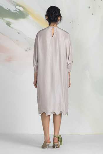 Shop_Ilk_Grey Silk Embroidery Keyhole Neck Terrain Kaftan Dress _at_Aza_Fashions