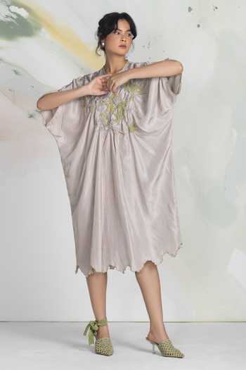 Ilk_Grey Silk Embroidery Keyhole Neck Terrain Kaftan Dress _at_Aza_Fashions