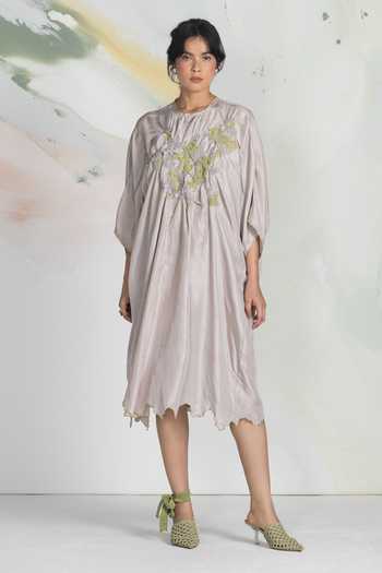 Buy_Ilk_Grey Silk Embroidery Keyhole Neck Terrain Kaftan Dress 