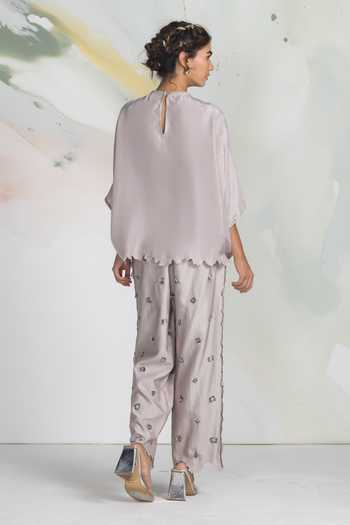 Shop_Ilk_Grey Silk Smocking High Neck Hola Smocked Top _at_Aza_Fashions