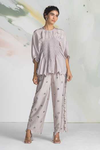 Shop_Ilk_Grey Silk Smocking High Neck Hola Smocked Top _Online_at_Aza_Fashions