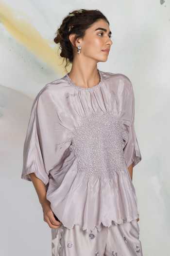 Buy_Ilk_Grey Silk Smocking High Neck Hola Smocked Top _at_Aza_Fashions