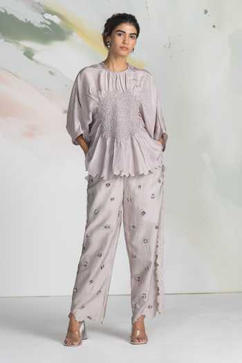 Buy_Ilk_Grey Silk, Chanderi, Satin Embroidery Hola Pant _at_Aza_Fashions