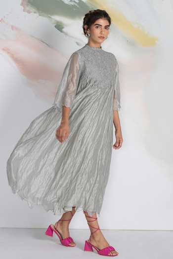 Ilk_Grey Silk, Tissue Embroidery, Smocking High Neck Cloudfall Smocked Dress _Online_at_Aza_Fashions