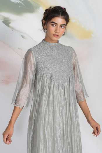 Buy_Ilk_Grey Silk, Tissue Embroidery, Smocking High Neck Cloudfall Smocked Dress _Online_at_Aza_Fashions