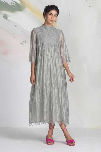 Buy_Ilk_Grey Silk, Tissue Embroidery, Smocking High Neck Cloudfall Smocked Dress _at_Aza_Fashions