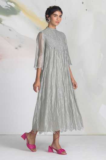 Shop_Ilk_Grey Silk, Tissue Embroidery, Smocking High Neck Cloudfall Smocked Dress _at_Aza_Fashions