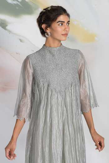 Shop_Ilk_Grey Silk, Tissue Embroidery, Smocking High Neck Cloudfall Smocked Dress _Online_at_Aza_Fashions