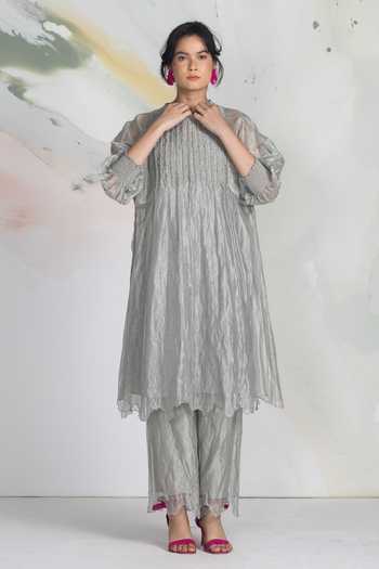 Ilk_Grey Silk, Tissue Machine Embroidery Round Neck Ripple Yoke Dress _Online_at_Aza_Fashions