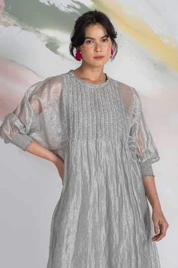 Buy_Ilk_Grey Silk, Tissue Machine Embroidery Round Neck Ripple Yoke Dress _Online_at_Aza_Fashions