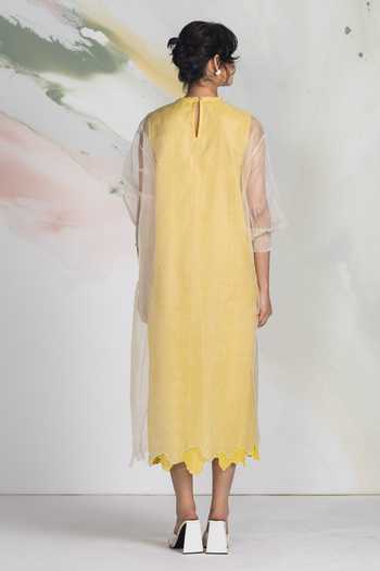 Shop_Ilk_Yellow Silk Organza Embroidery Round Neck Dewfall Midi Dress _at_Aza_Fashions
