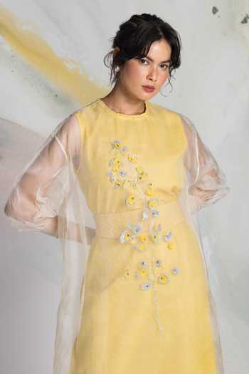 Ilk_Yellow Silk Organza Embroidery Round Neck Dewfall Midi Dress _Online_at_Aza_Fashions