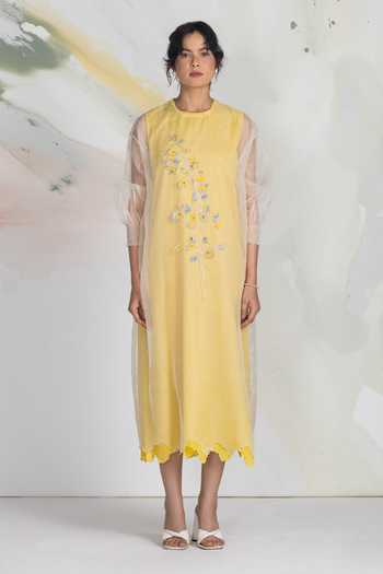 Buy_Ilk_Yellow Silk Organza Embroidery Round Neck Dewfall Midi Dress _at_Aza_Fashions