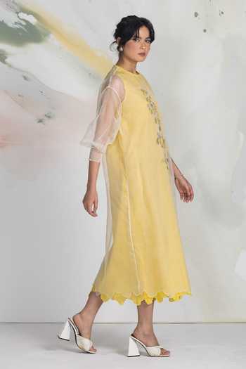 Buy_Ilk_Yellow Silk Organza Embroidery Round Neck Dewfall Midi Dress _Online_at_Aza_Fashions