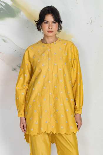 Buy_Ilk_White Silk, Chanderi, Satin Embroidery Round Neck Merigold Shirt _at_Aza_Fashions