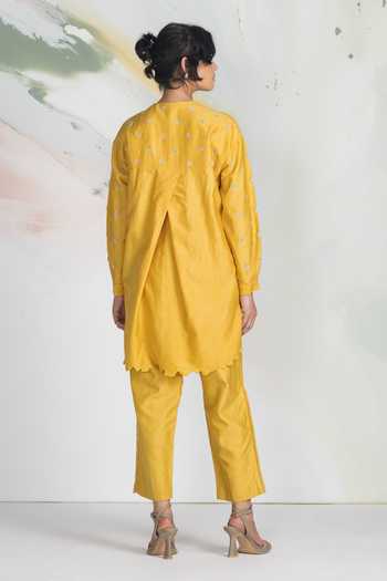 Shop_Ilk_White Silk, Chanderi, Satin Embroidery Round Neck Merigold Shirt _at_Aza_Fashions