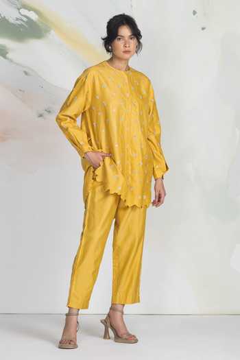Ilk_White Silk, Chanderi, Satin Embroidery Round Neck Merigold Shirt _Online_at_Aza_Fashions
