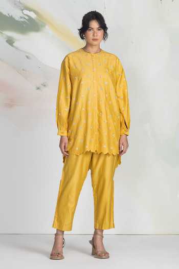 Buy_Ilk_White Silk, Chanderi, Satin Embroidery Round Neck Merigold Shirt _Online_at_Aza_Fashions
