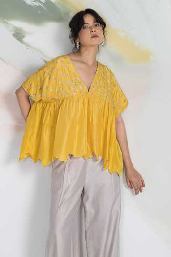 Ilk_Yellow Silk Embroidery V-neck Dapple Ditsy Habutai Top _Online_at_Aza_Fashions