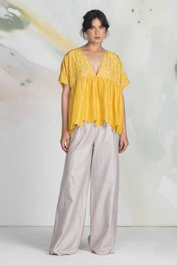 Buy_Ilk_Yellow Silk Embroidery V-neck Dapple Ditsy Habutai Top _Online_at_Aza_Fashions