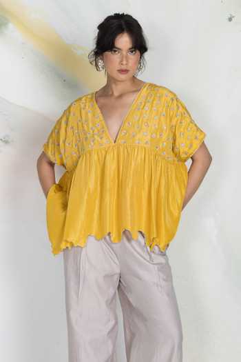 Buy_Ilk_Yellow Silk Embroidery V-neck Dapple Ditsy Habutai Top _at_Aza_Fashions
