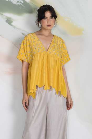 Shop_Ilk_Yellow Silk Embroidery V-neck Dapple Ditsy Habutai Top _Online_at_Aza_Fashions