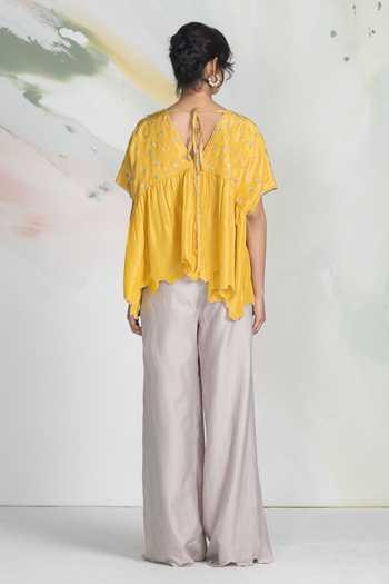 Shop_Ilk_Yellow Silk Embroidery V-neck Dapple Ditsy Habutai Top _at_Aza_Fashions