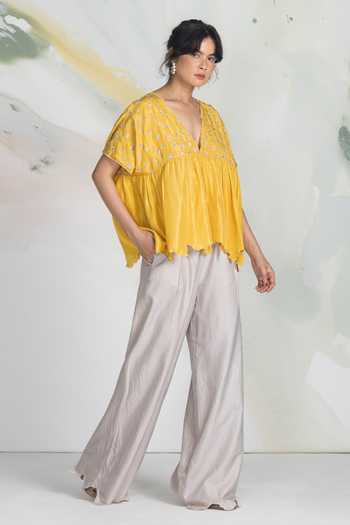 Ilk_Yellow Silk Embroidery V-neck Dapple Ditsy Habutai Top _at_Aza_Fashions