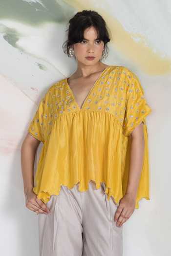 Buy_Ilk_Yellow Silk Embroidery V-neck Dapple Ditsy Habutai Top 